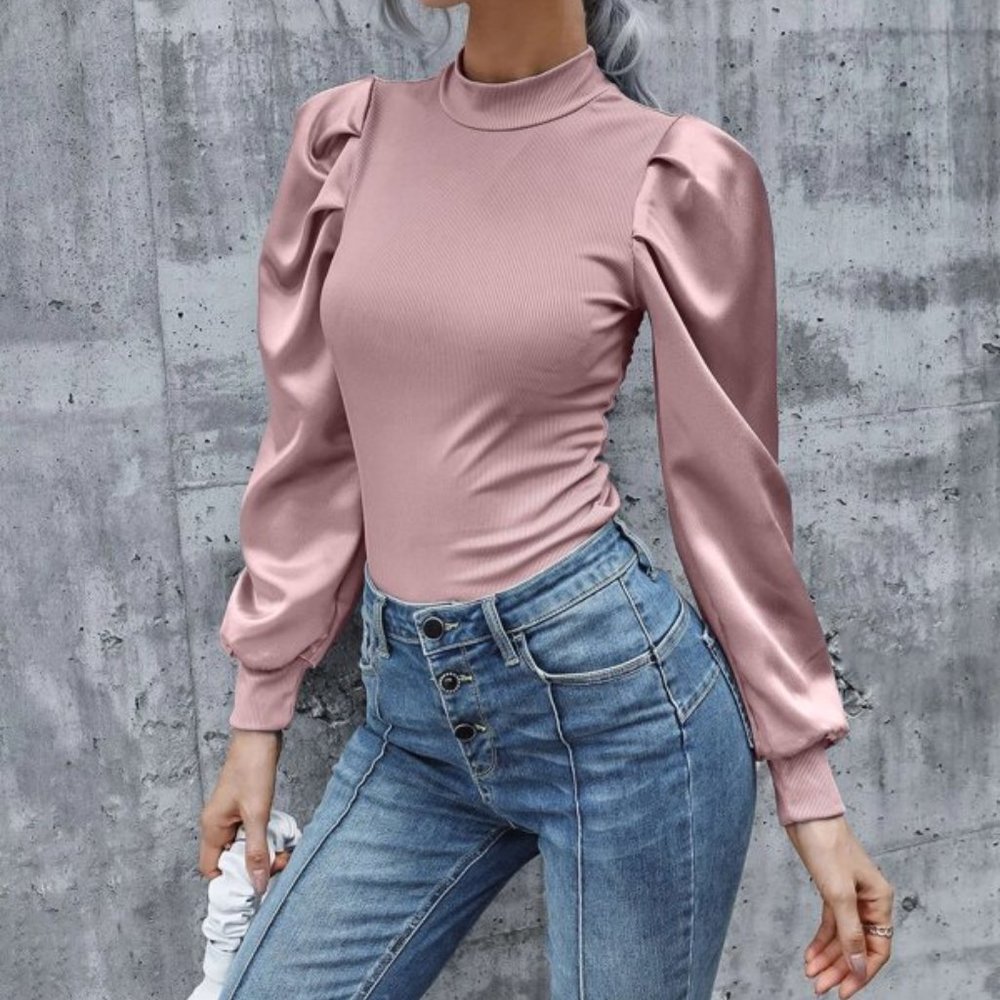 Modern Classic Mock Neck Satin Gigot Sleeve Rib-k - Picture 2 of 4